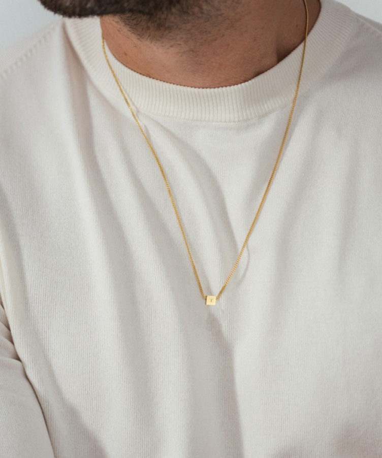 Men Tiny Cube Initial Necklace